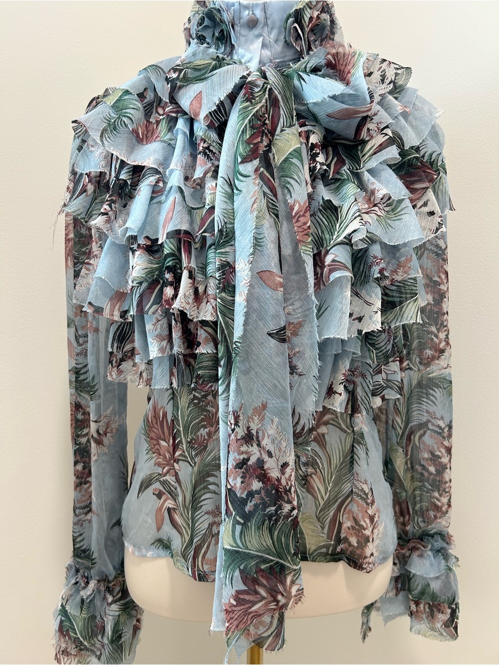 Blue Floral Ruffle High Neck Tie Blouse NWOT Romantic Boho